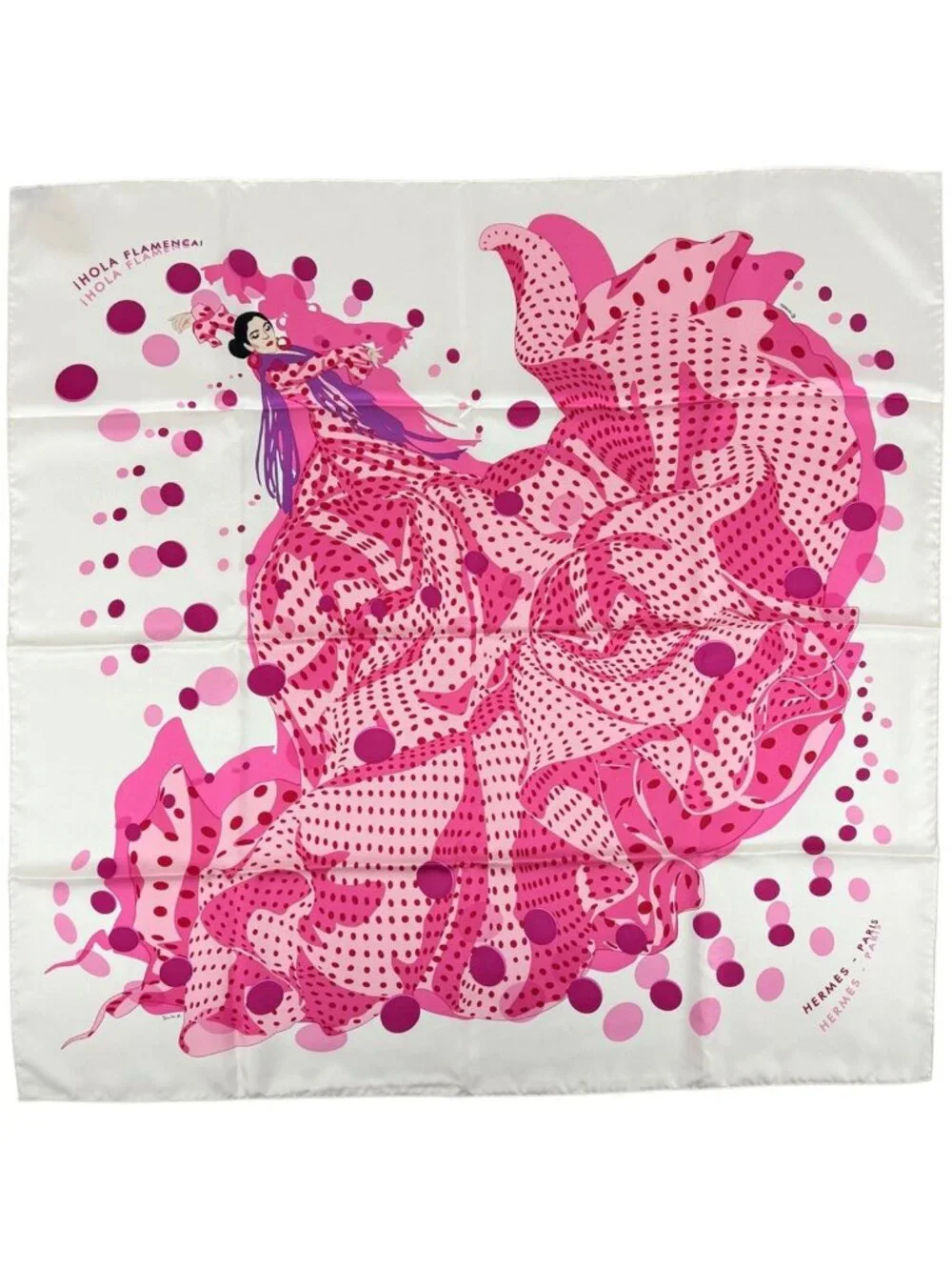 Hermes Carre 90 I Hola Flamenca! Flamenca Scarf Silk Pink Ivory Multicolor
